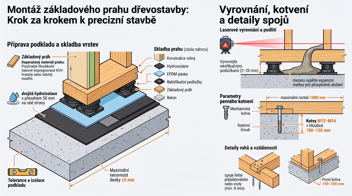 Základový práh a montáž spodní stavby dřevostavby